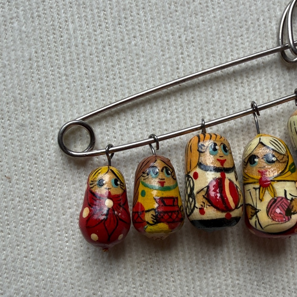 Ukranian Matryoshka Doll Charm Safety Pin Brooch in Red, Yellow, Black - Picture 2 of 4